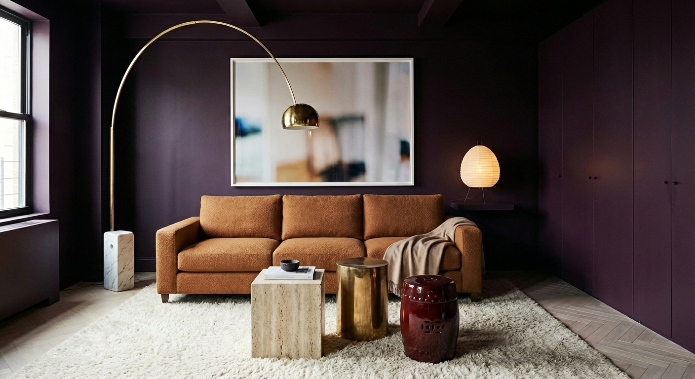 Small living room with a compact sofa, open circulation, and balanced proportions