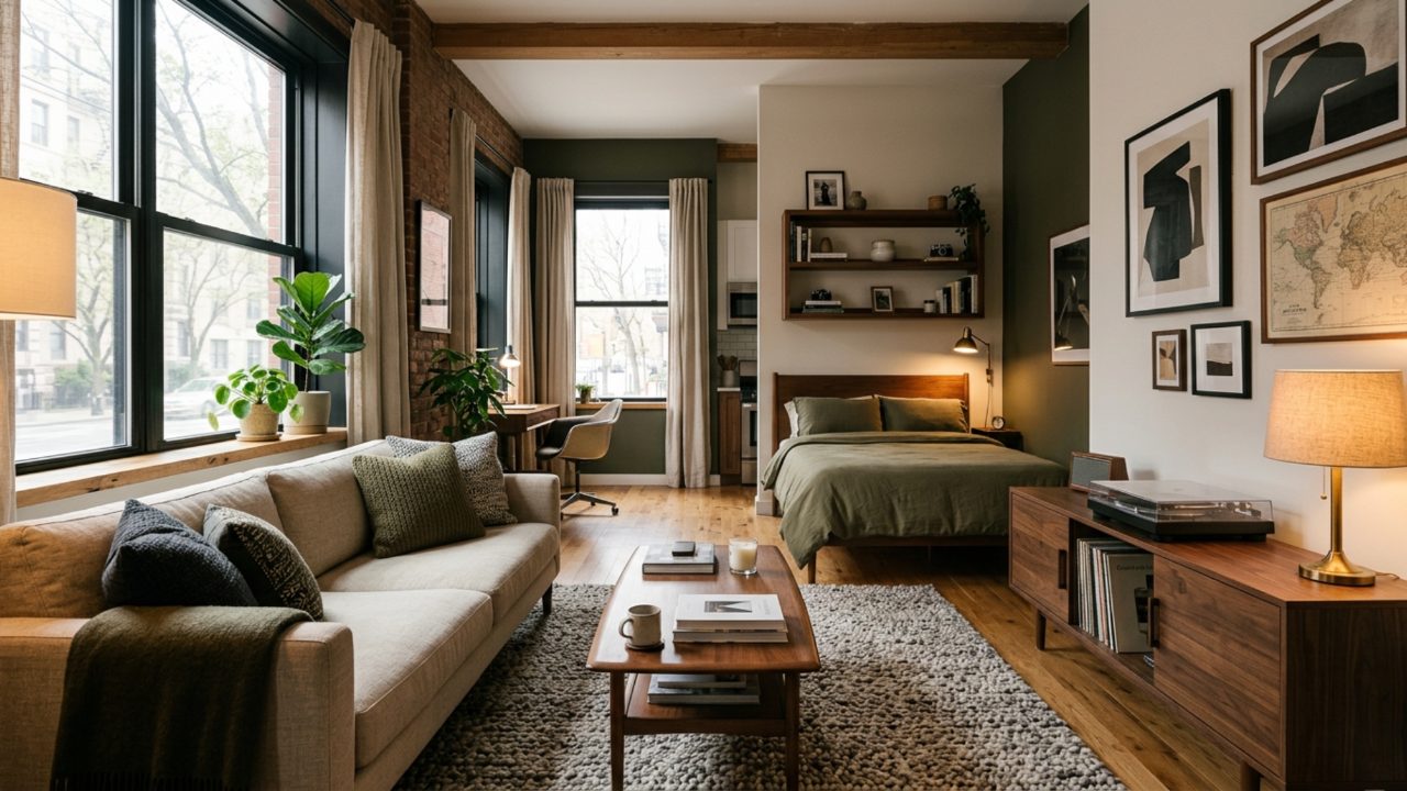 Men's Studio Apartment Ideas Beyond Black Leather and Neon