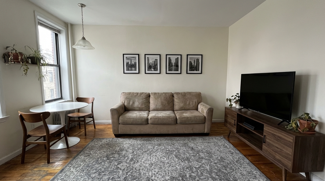 The before: a perfectly ordinary rental living room, flat and undecided.