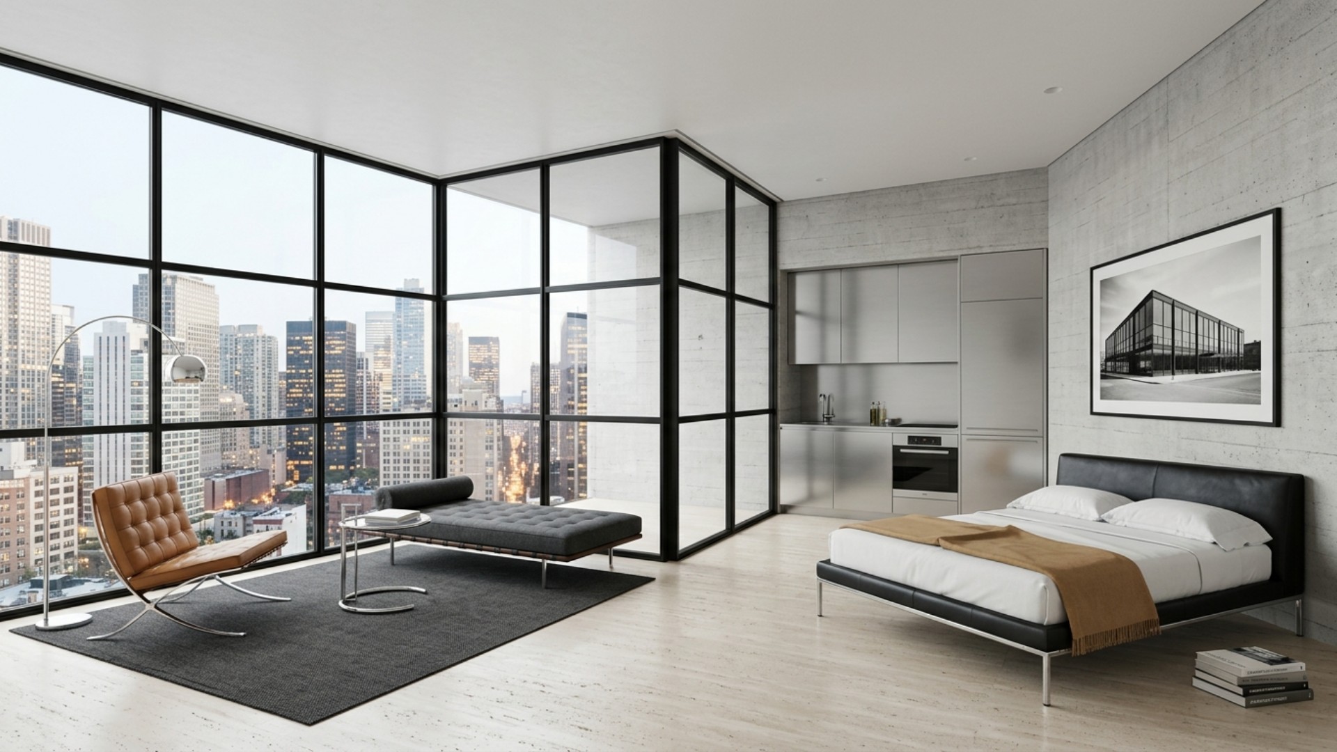 The Mies: open plan, glass corner, Barcelona chair.